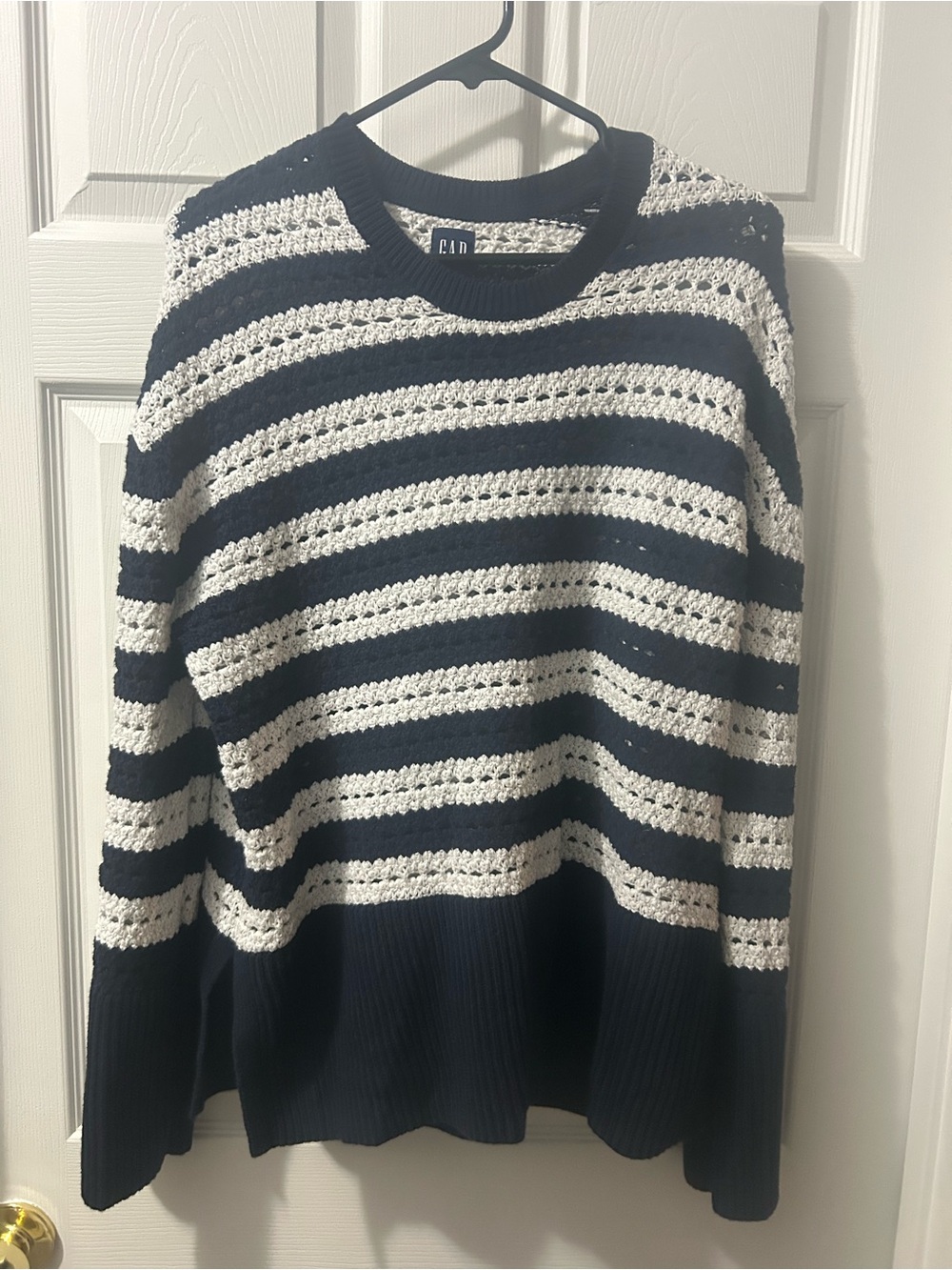 GAP Navy & White Striped Crochet Crewneck Sweater Medium Tall